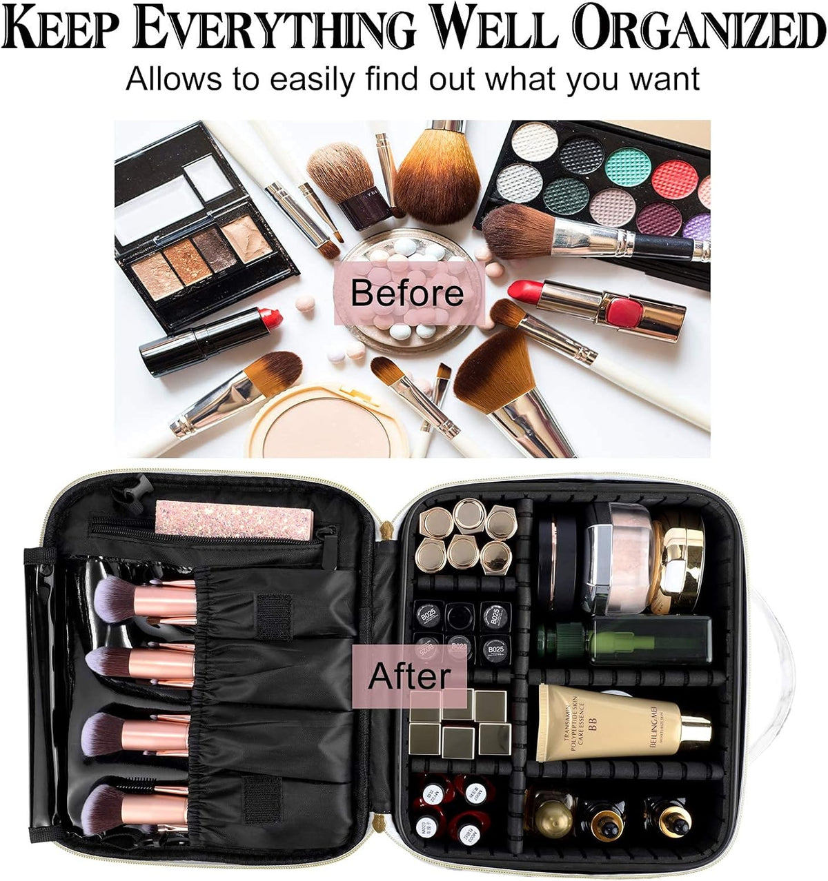 Travel Makeup Bag 10.4 Inches Portable Makeup Train Case Cosmetic Bag Organizer with Adjustable Dividers and Shoulder Strap for Cosmetics Brushes Toiletry Jewelry Digital Accessories (Marble)