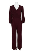 Taylor V-Neck Long Sleeve Ruched Zipper Back Solid Jersey Jumpsuit