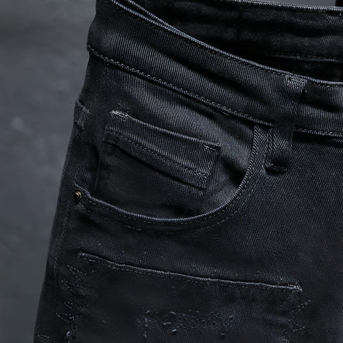 DenimDare™ Pure Black Ripped Stretch Jeans Men Black