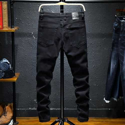 DenimDare™ Pure Black Ripped Stretch Jeans Men Black