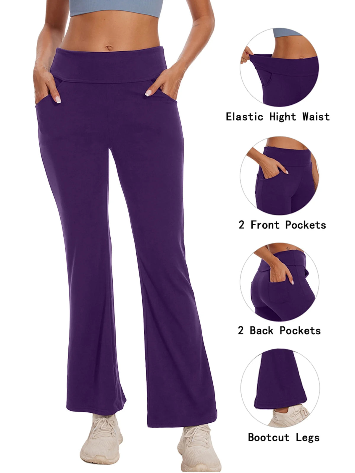 Womens Yoga Pants Flare Legging with Pockets Bootcut High Waist Lightweight Bottoms Workout Activewear Purple L
