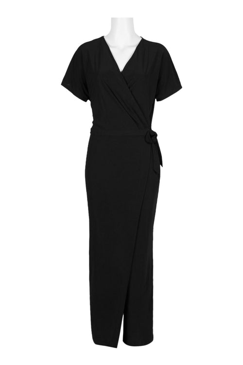 Emma & Michele V-Neck Short Sleeve Tie Side Wrap Solid Jersey Jumpsuit