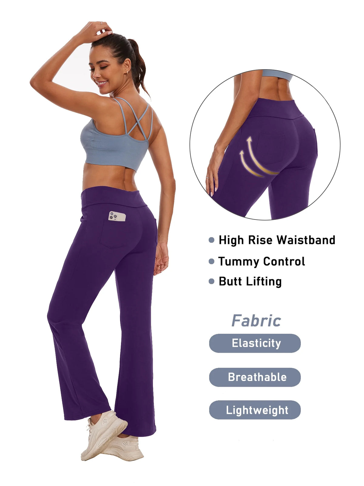 Womens Yoga Pants Flare Legging with Pockets Bootcut High Waist Lightweight Bottoms Workout Activewear Purple L
