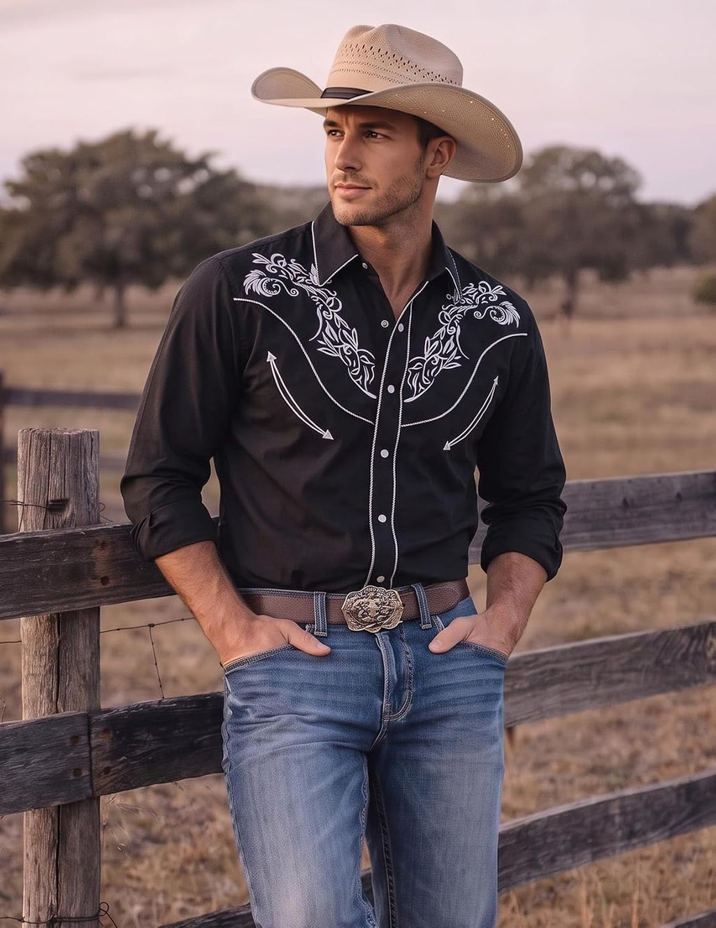 Men'S Cowboy Shirtss Embroidered Rose Design Shirts Western Long Sleeve Button down Shirts