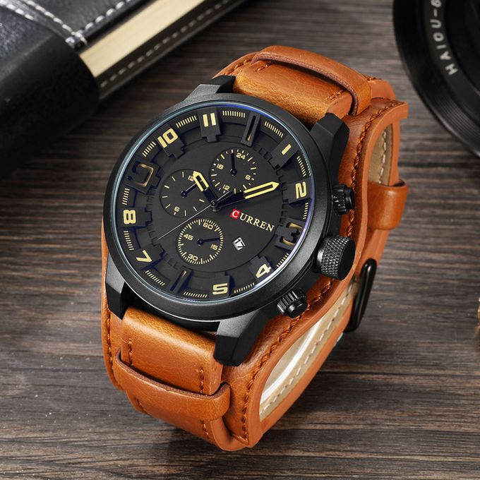 Curren Exotic Leather Strap Military Sports Men Watch-Coffee Brown