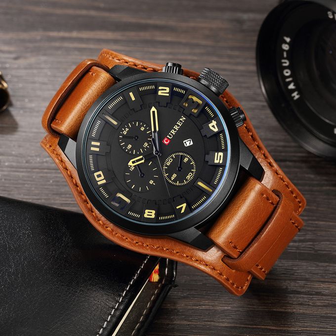Curren Exotic Leather Strap Military Sports Men Watch-Coffee Brown