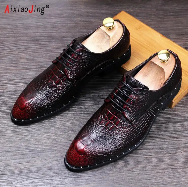 High Quality Men's Croc Print Men's Leather Shoes Lace Up Wedding Party Shoes Men's Business Office Oxford Flats Large Size
