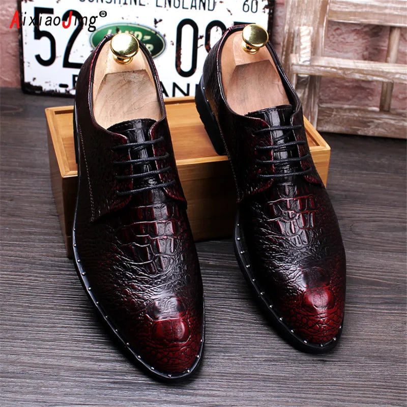 High Quality Men's Croc Print Men's Leather Shoes Lace Up Wedding Party Shoes Men's Business Office Oxford Flats Large Size