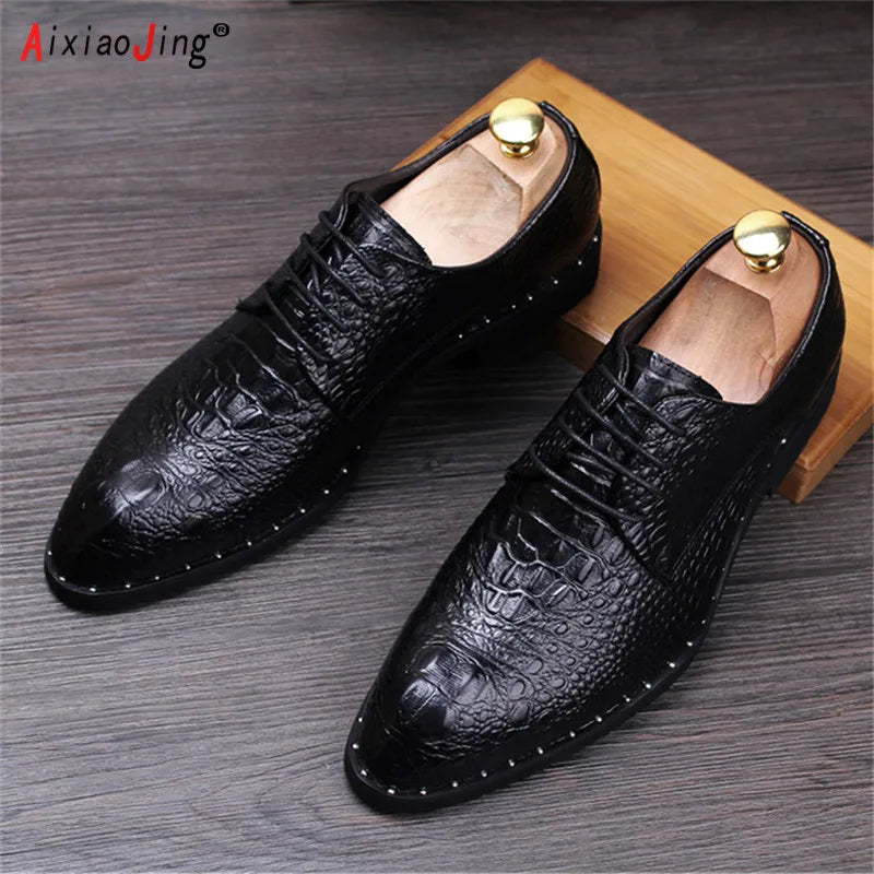 High Quality Men's Croc Print Men's Leather Shoes Lace Up Wedding Party Shoes Men's Business Office Oxford Flats Large Size