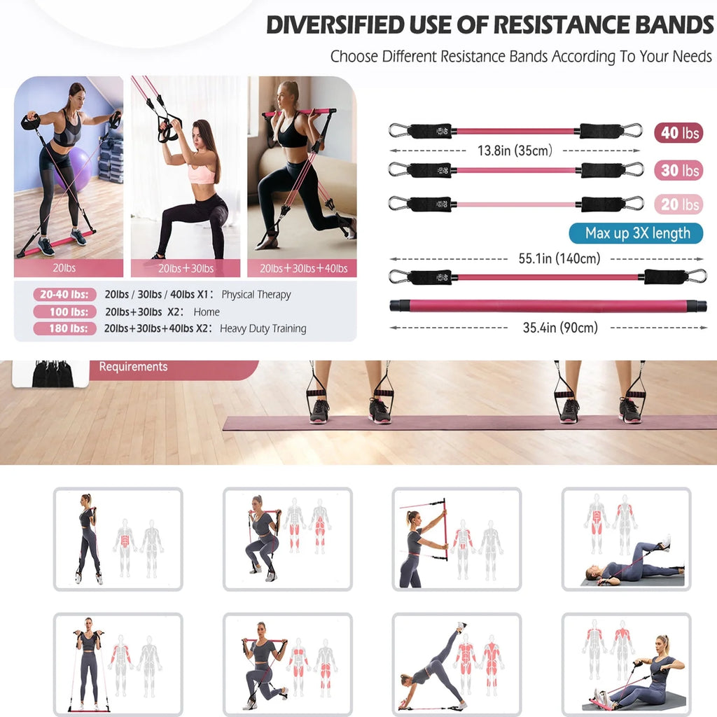 Pilates Bar Kit with Resistance Bands,Pilates Bar with Stackable Bands Workout Equipment for Legs,Hip,Waist and Arm,Exercise Fitness Equipment for Women & Men Home Gym Yoga Pilates