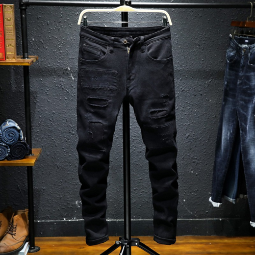 DenimDare™ Pure Black Ripped Stretch Jeans Men Black