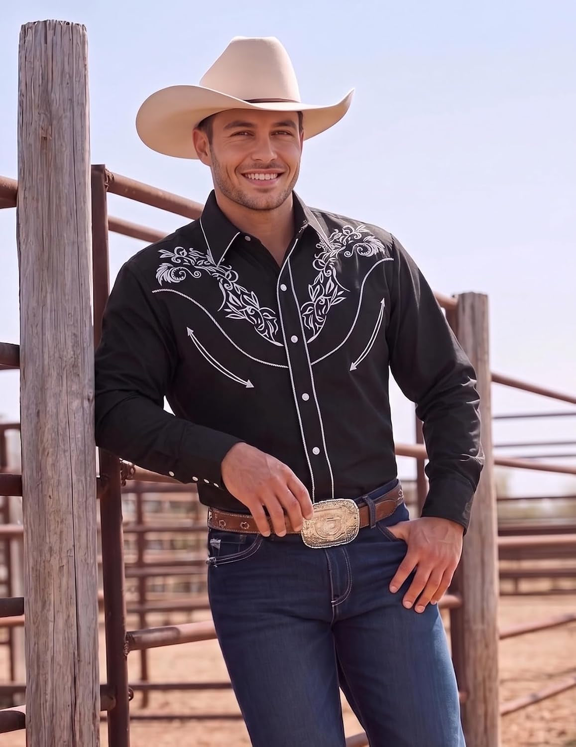 Men'S Cowboy Shirtss Embroidered Rose Design Shirts Western Long Sleeve Button down Shirts