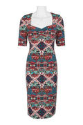London Times Queen Anne Neck 3/4 Sleeve Zipper Back Multi Print Jersey