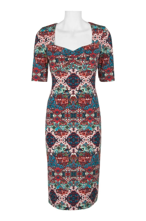 London Times Queen Anne Neck 3/4 Sleeve Zipper Back Multi Print Jersey